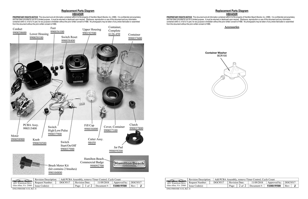 Diagram Diagram and Parts List for HBH450R  Hamilton Beach Blender